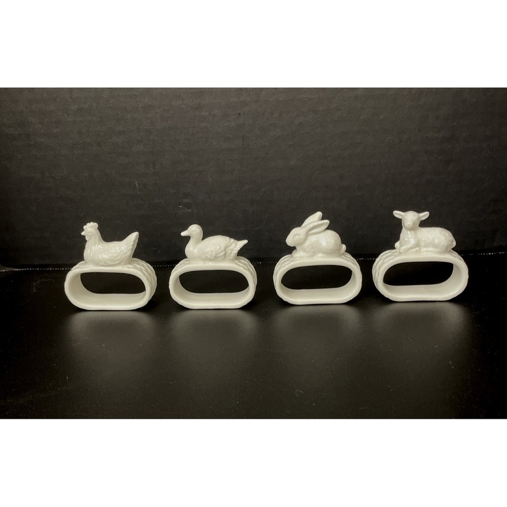 Martha Stewart White Ceramic‎ Napkin Rings Holders Farmhouse Animals Set of 4